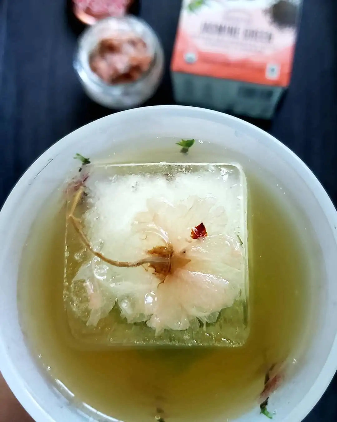 Jasmine Green Iced Tea with Preserved Cherry Blossoms