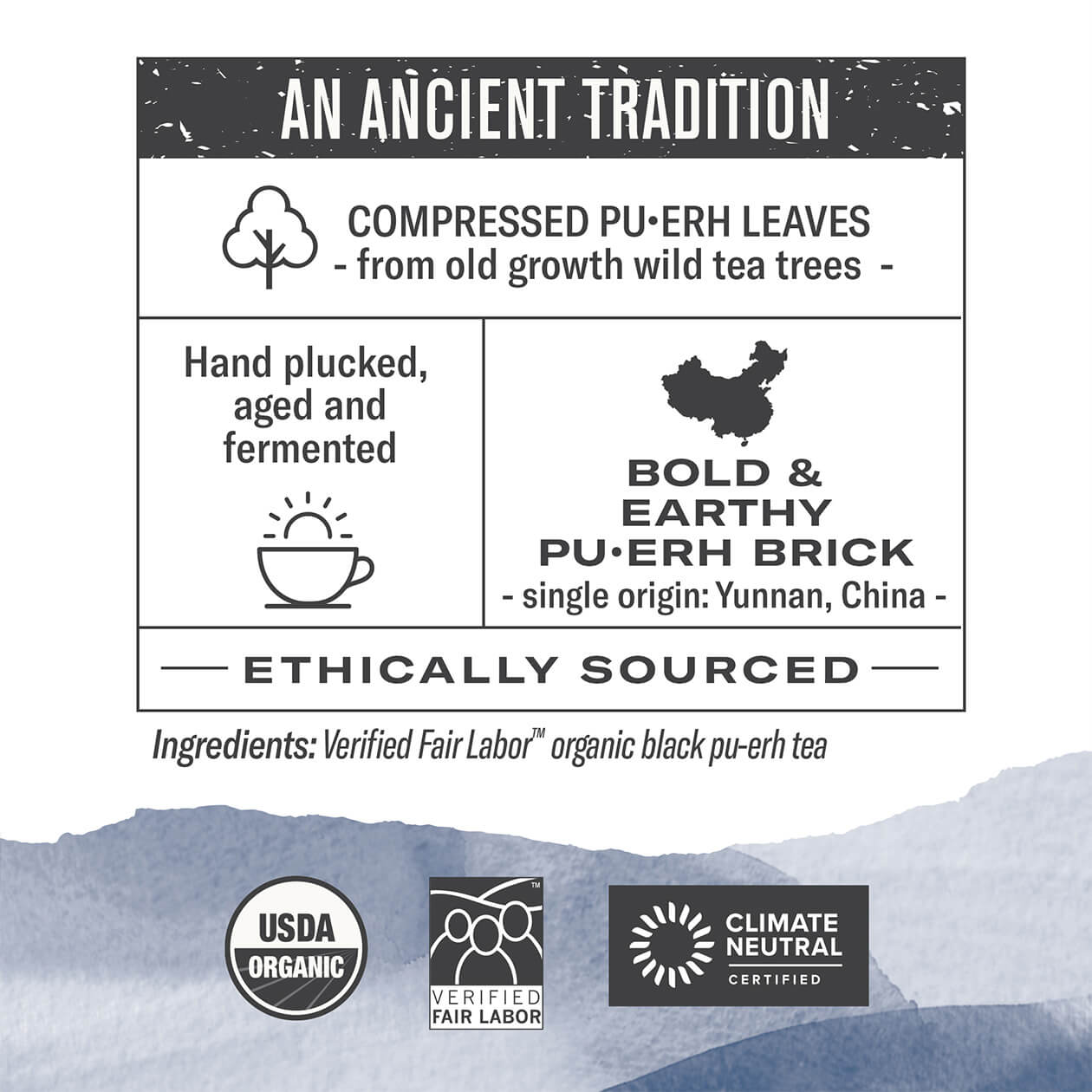 Infographic about Numi's Aged Puerh Brick, a fermented tea from Yunnan, China, Organic and Verified Fair Labor