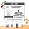 Infographic about Turmeric Amber Sun: steep 8-10 minutes, origin: Madagascar, caffeine free, all real ingredients, ethically sourced
