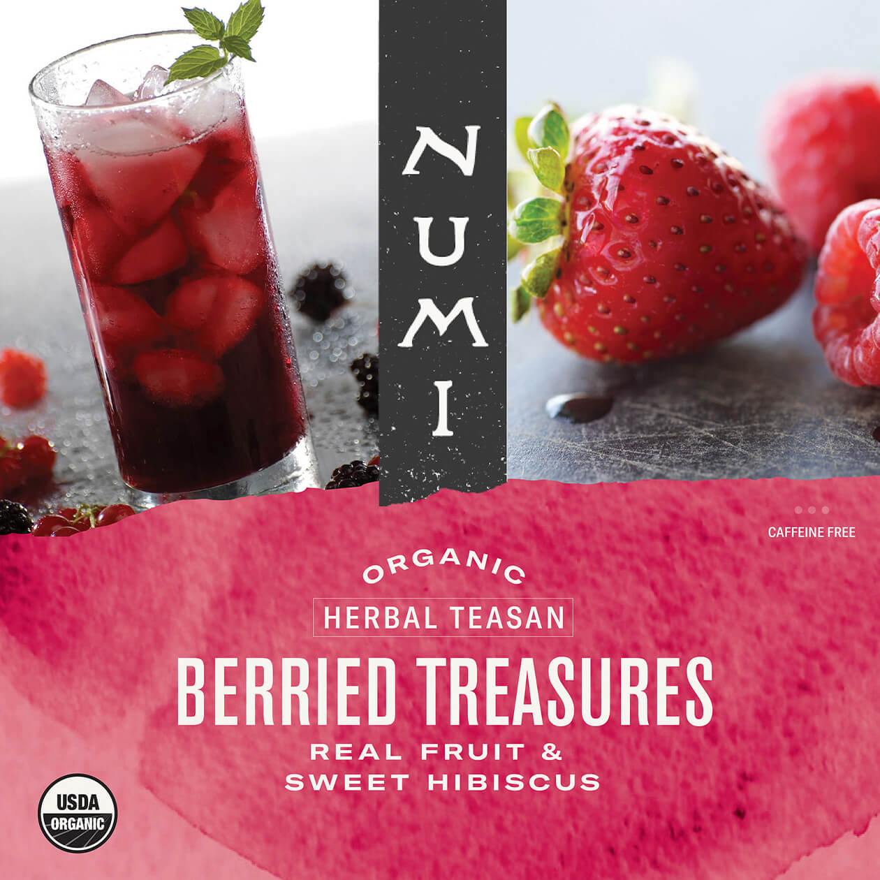 Berried Treasures Iced Tea label, organic and caffeine free, with images of iced tea and fruit
