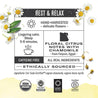 Infographic about Chamomile Lemon: steep 5-6 minutes, origin: Faiyum Egypt, caffeine free, all real ingredients, ethically sourced