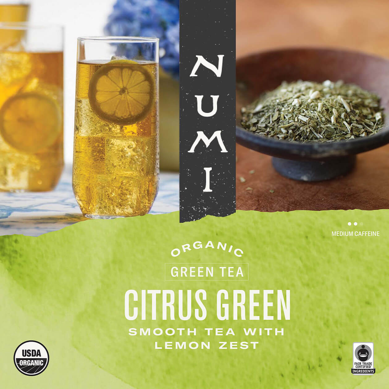 Numi Citrus Green Iced Tea label, organic and medium caffeine, with images of iced tea and pure green tea