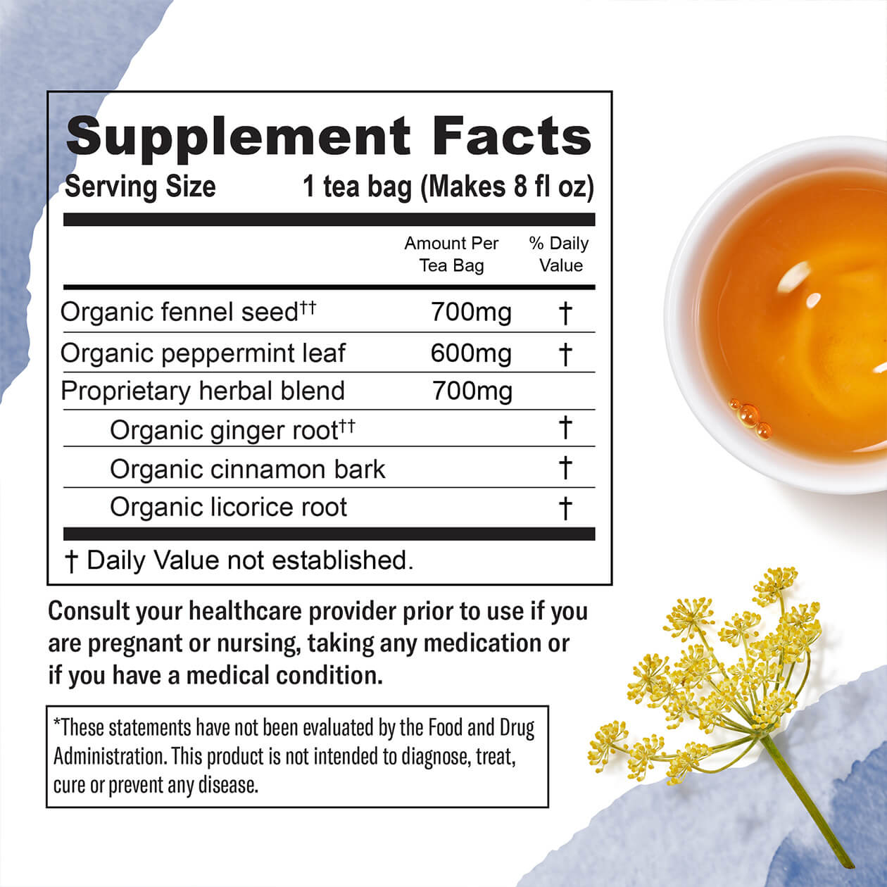 The supplement facts for Numi's Congest Away dietary supplement tea