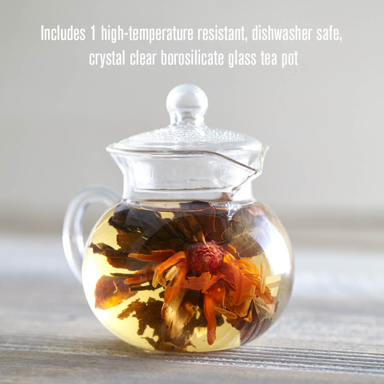 The flowering tea glass tea pot included with each Numi organic Flowering Tea Set