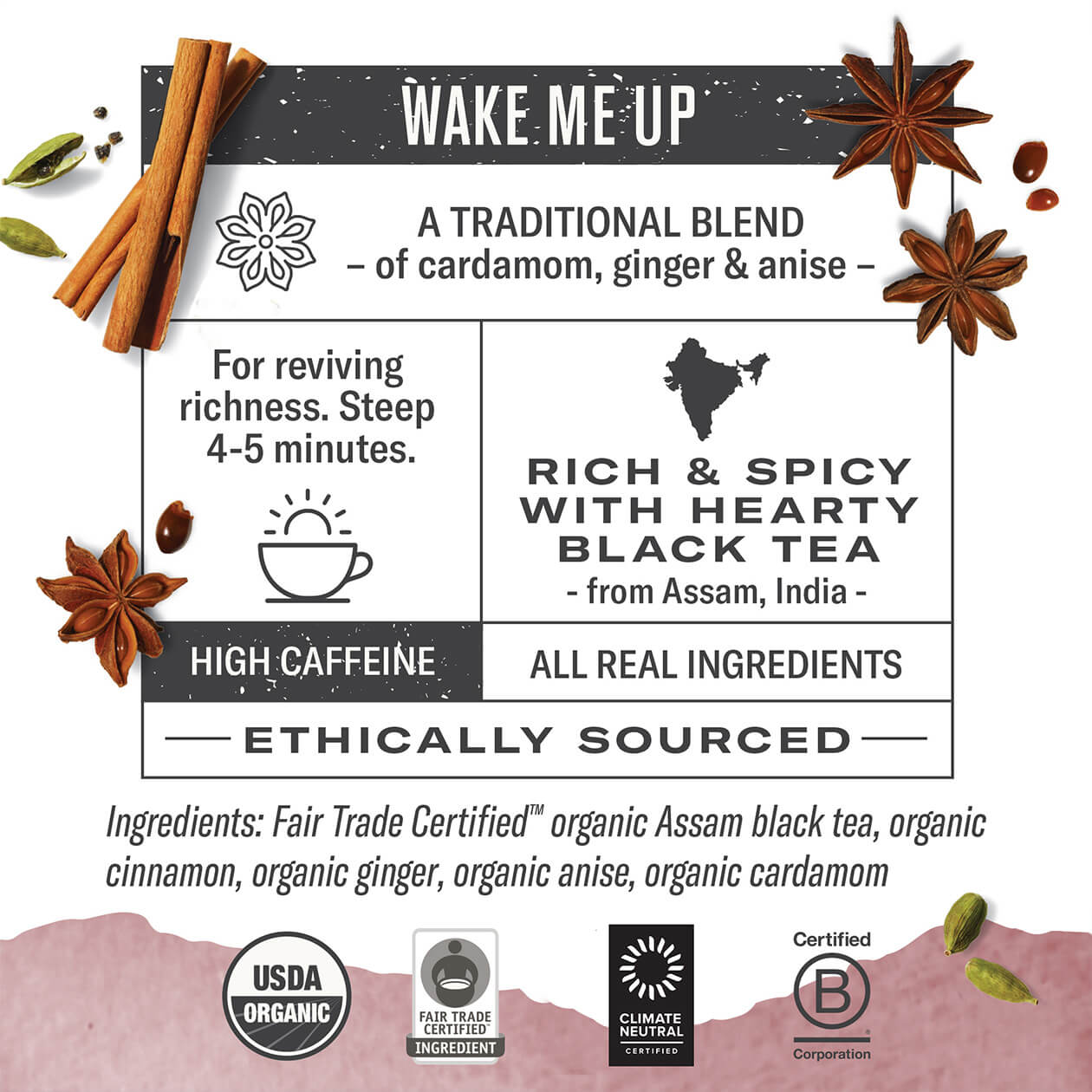 Infographic about Golden Chai: steep 4-5 minutes, origin: Assam India, high caffeine, all real ingredients, ethically sourced