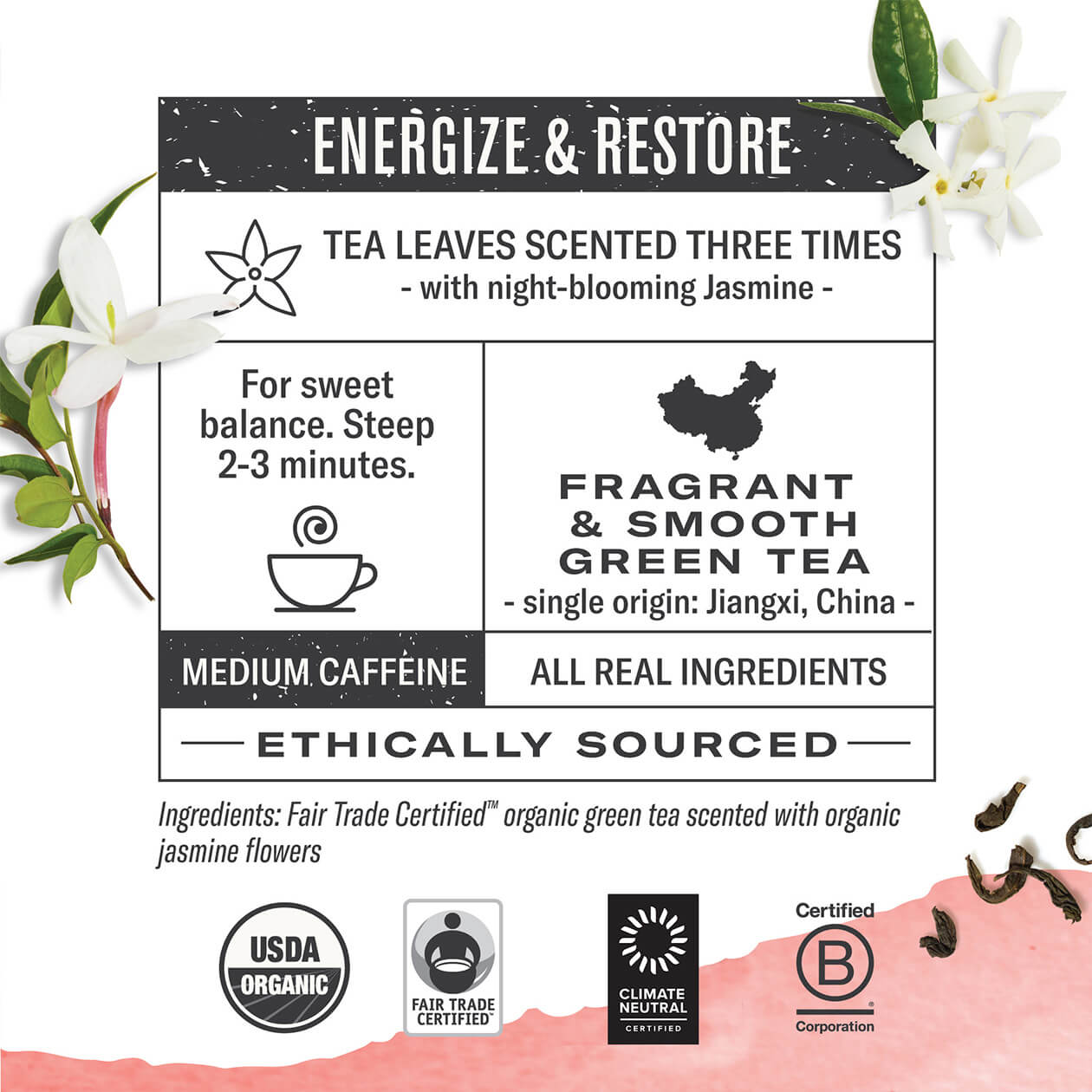 Infographic about Jasmine Green: steep 2-3 minutes, origin: Jiangxi China, medium caffeine, all real ingredients, ethically sourced