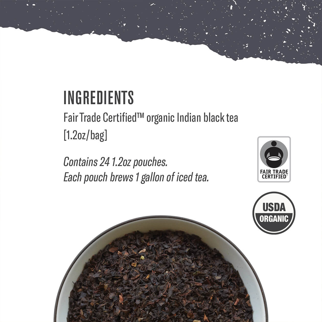 High Mountain Black Iced Tea Ingredients list and organic and Fair Trade certifications