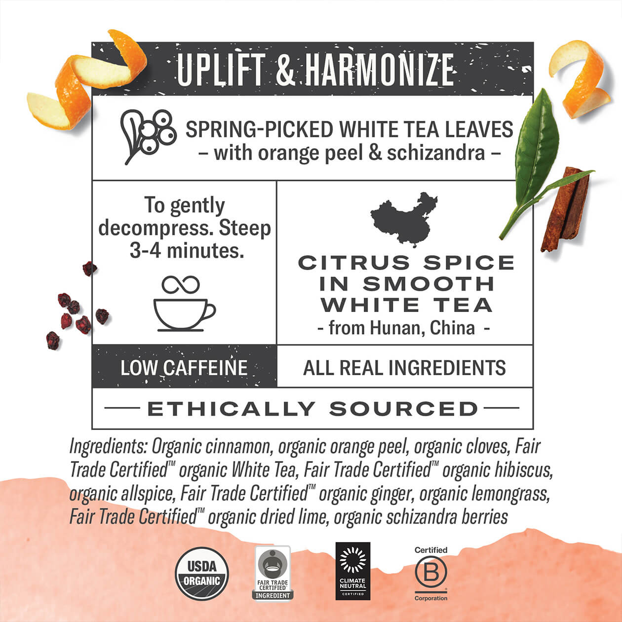 Infographic about Orange Spice: steep 3-4 minutes, origin: Hunan China, low caffeine, all real ingredients, ethically sourced