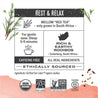 Infographic about Rooibos: steep 5-6 minutes, origin: Cederberg South Africa, caffeine free, all real ingredients, ethically sourced