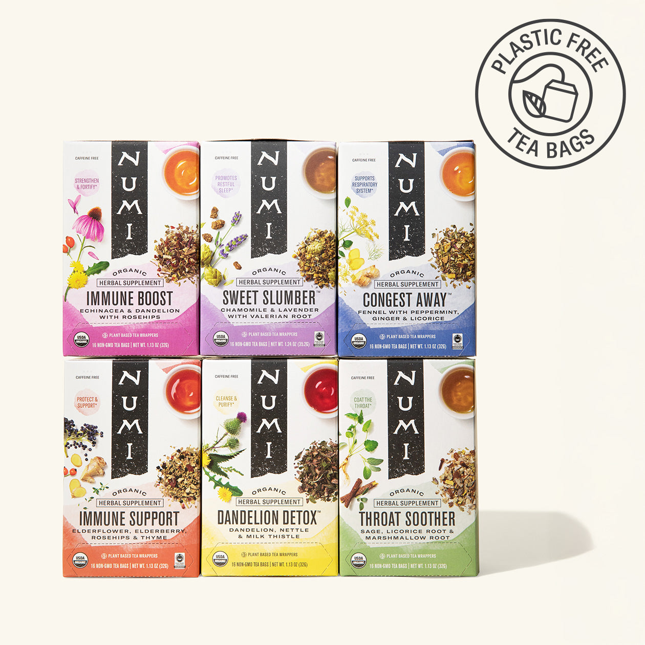 Collection of Numi tea boxes with various flavors on a white background, featuring a plastic-free logo.