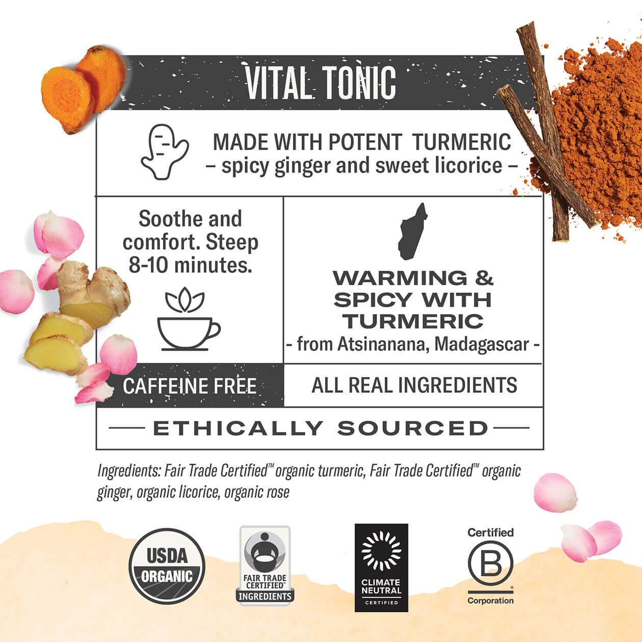 Infographic about Turmeric Three Roots: steep 8-10 minutes, origin: Madagascar, caffeine free, all real ingredients, ethically sourced