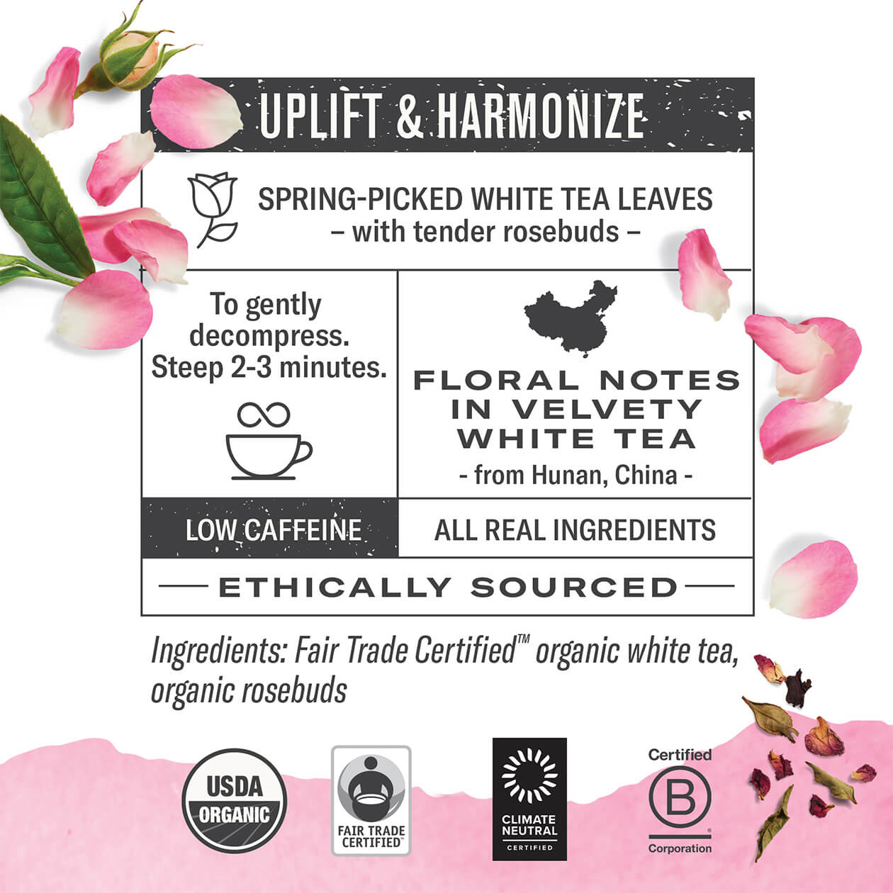 Infographic about White Rose: steep 2-3 minutes, origin: Hunan China, low caffeine, all real ingredients, ethically sourced