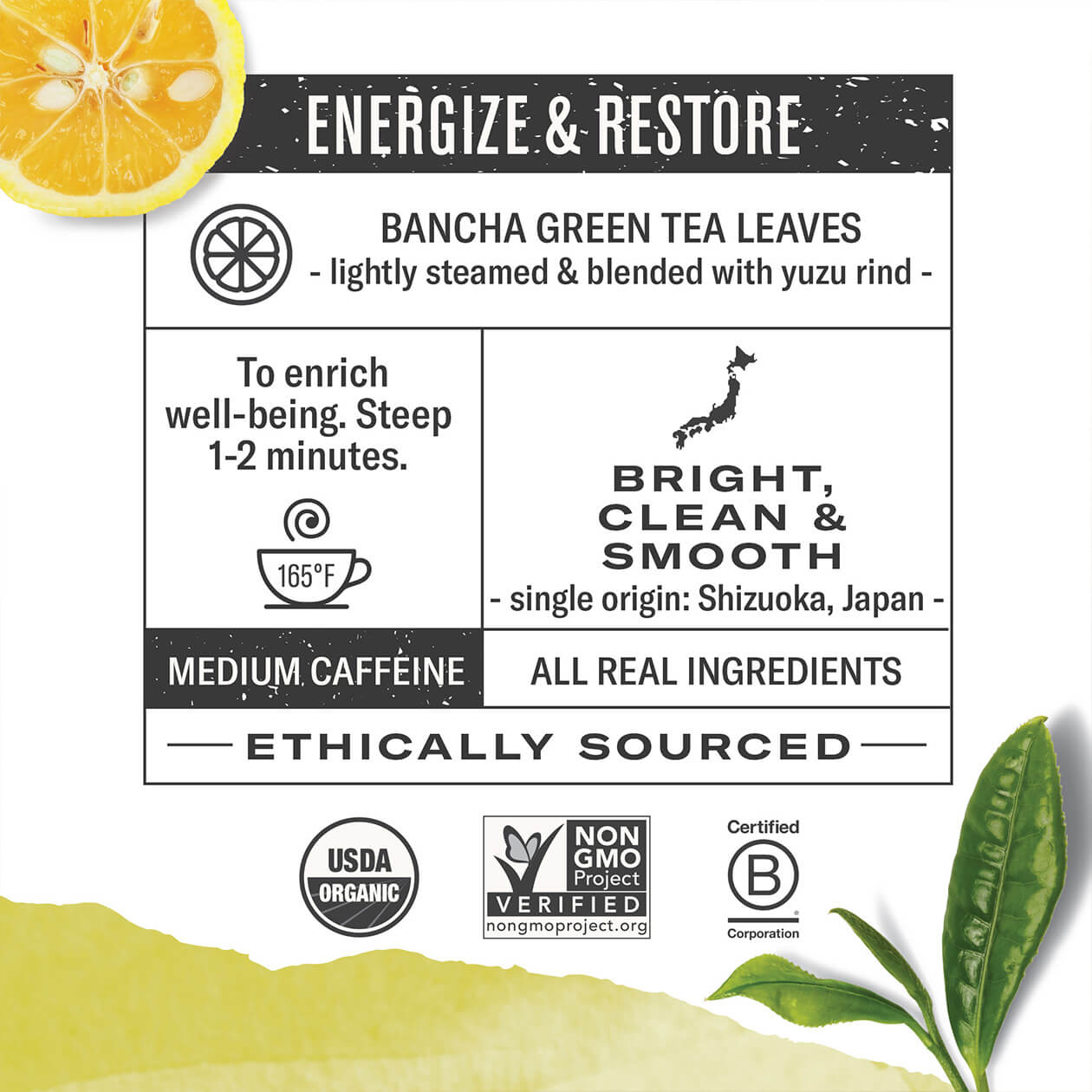 Infographic about Yuzu Bancha: steep 1-2 minutes, origin: Shizouka Japan, medium caffeine, all real ingredients, ethically sourced