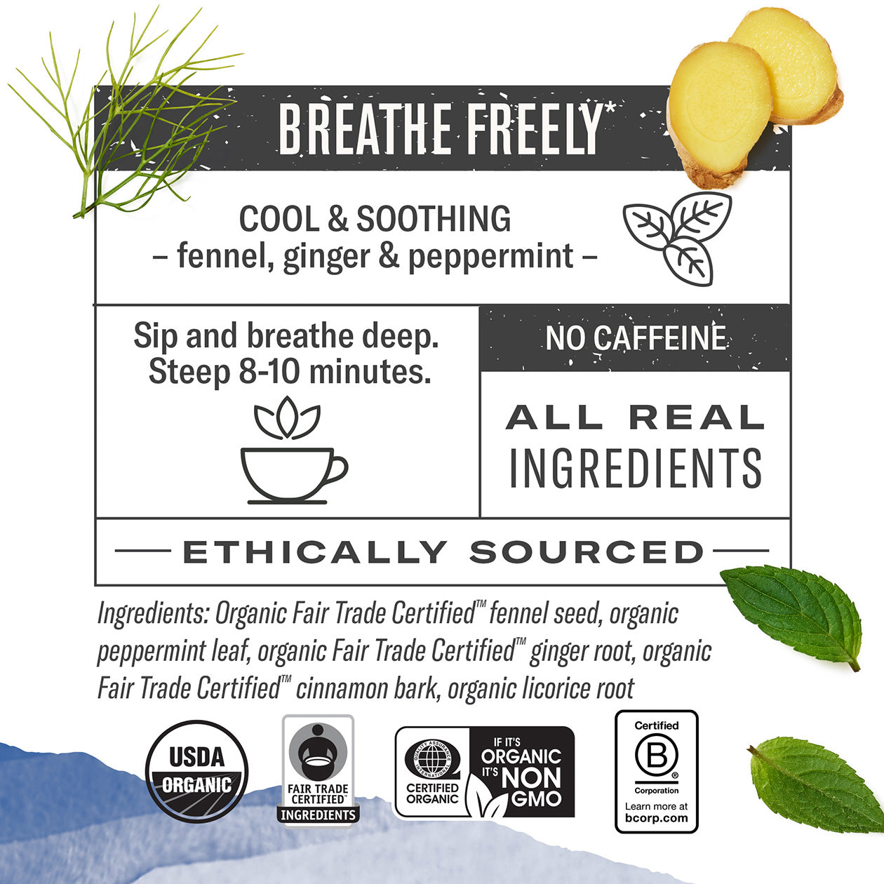 Breathe Freely tea packaging with ginger and peppermint graphics on a white background