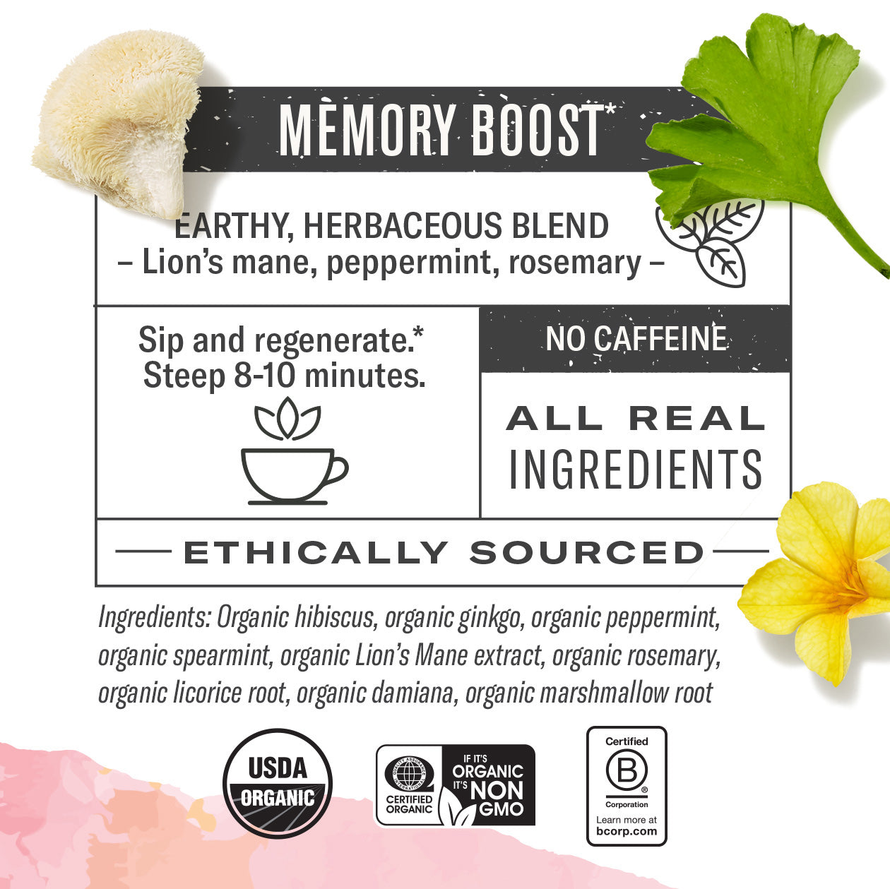 Tea label for 'Memory Boost' blend with herbs and flowers on a white background