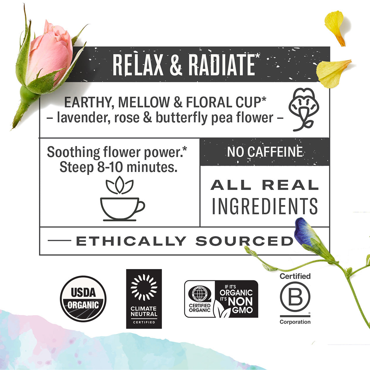 Tea label with floral elements and certification logos on a white background