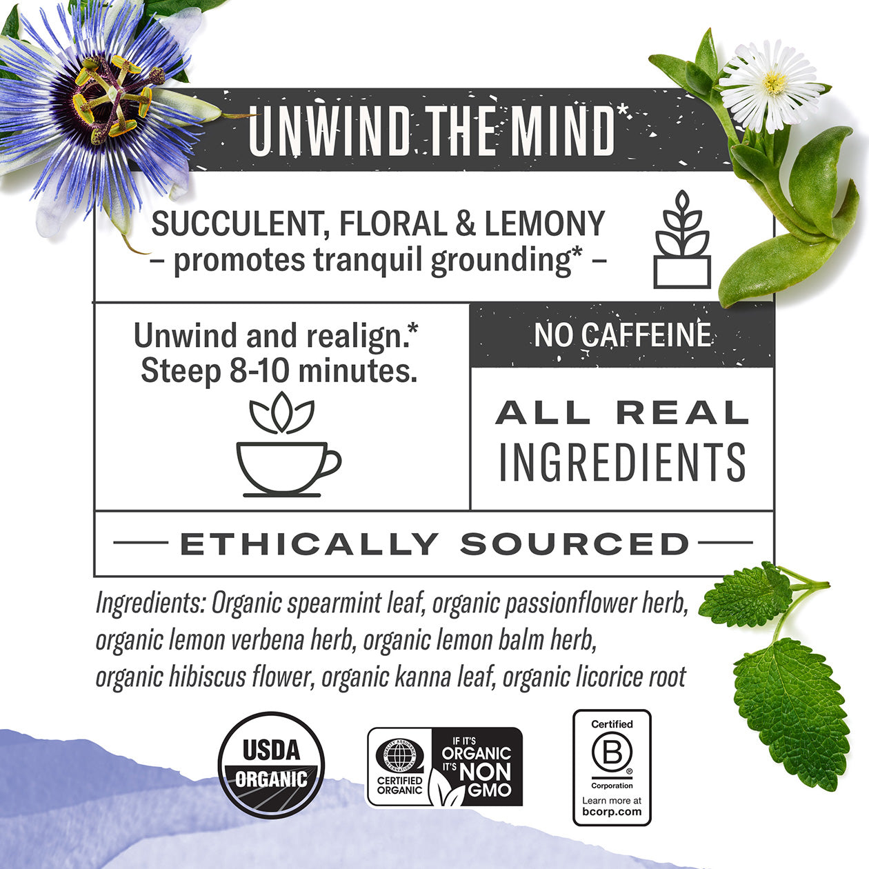 Tea label with natural elements and text about tea benefits and ingredients.