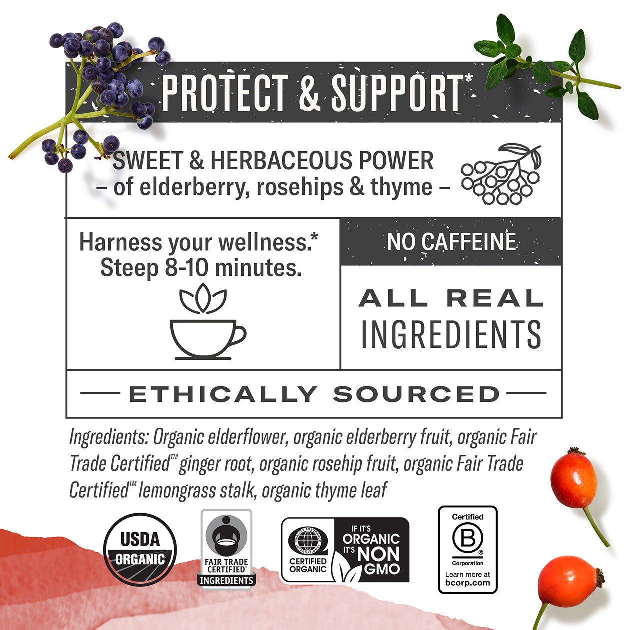 Tea label with ingredients and certification logos on a white background