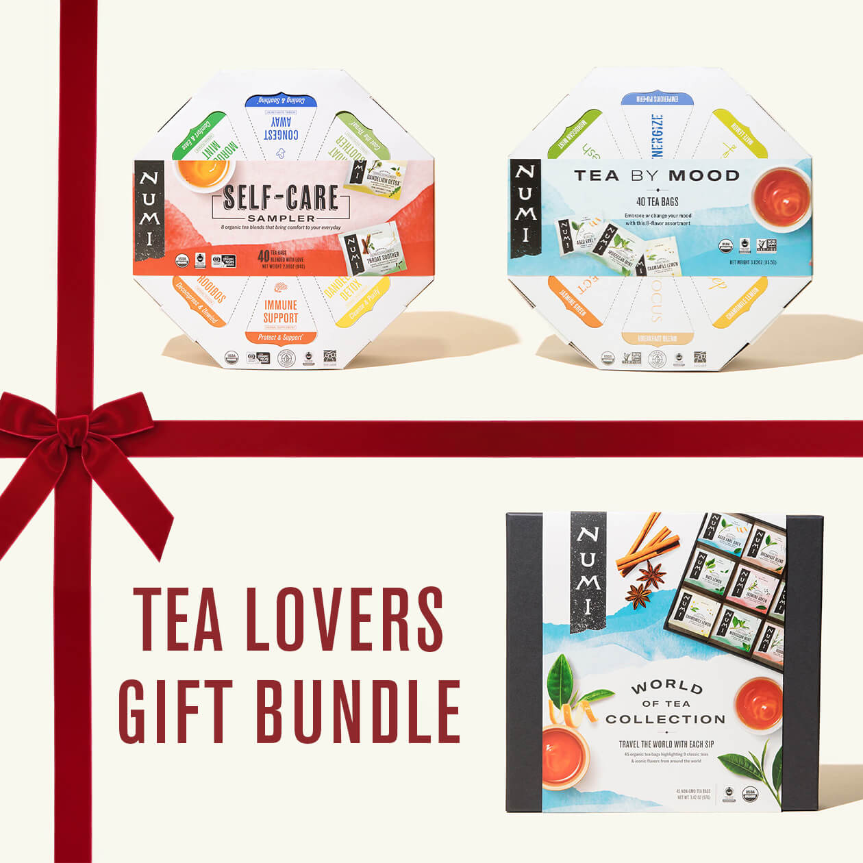 Numi tea gift bundle with self-care sampler, mood-boosting tea, and world of tea collection on a white background.