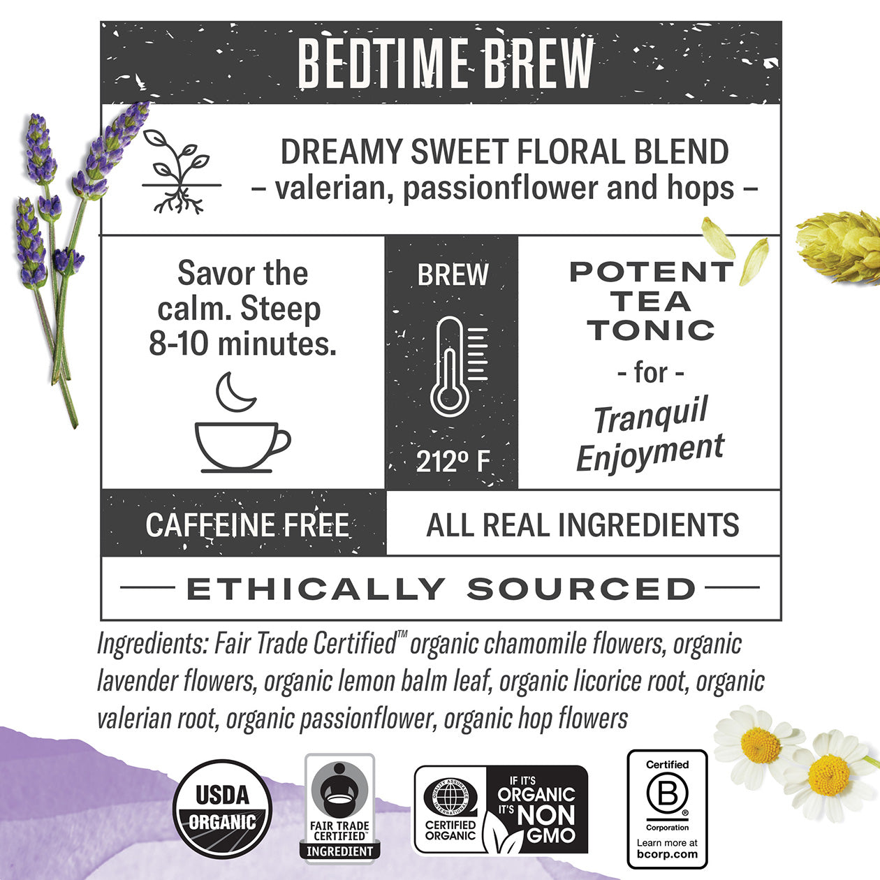 Label for Sweet Slumber tea blend with ingredients and certifications listed.