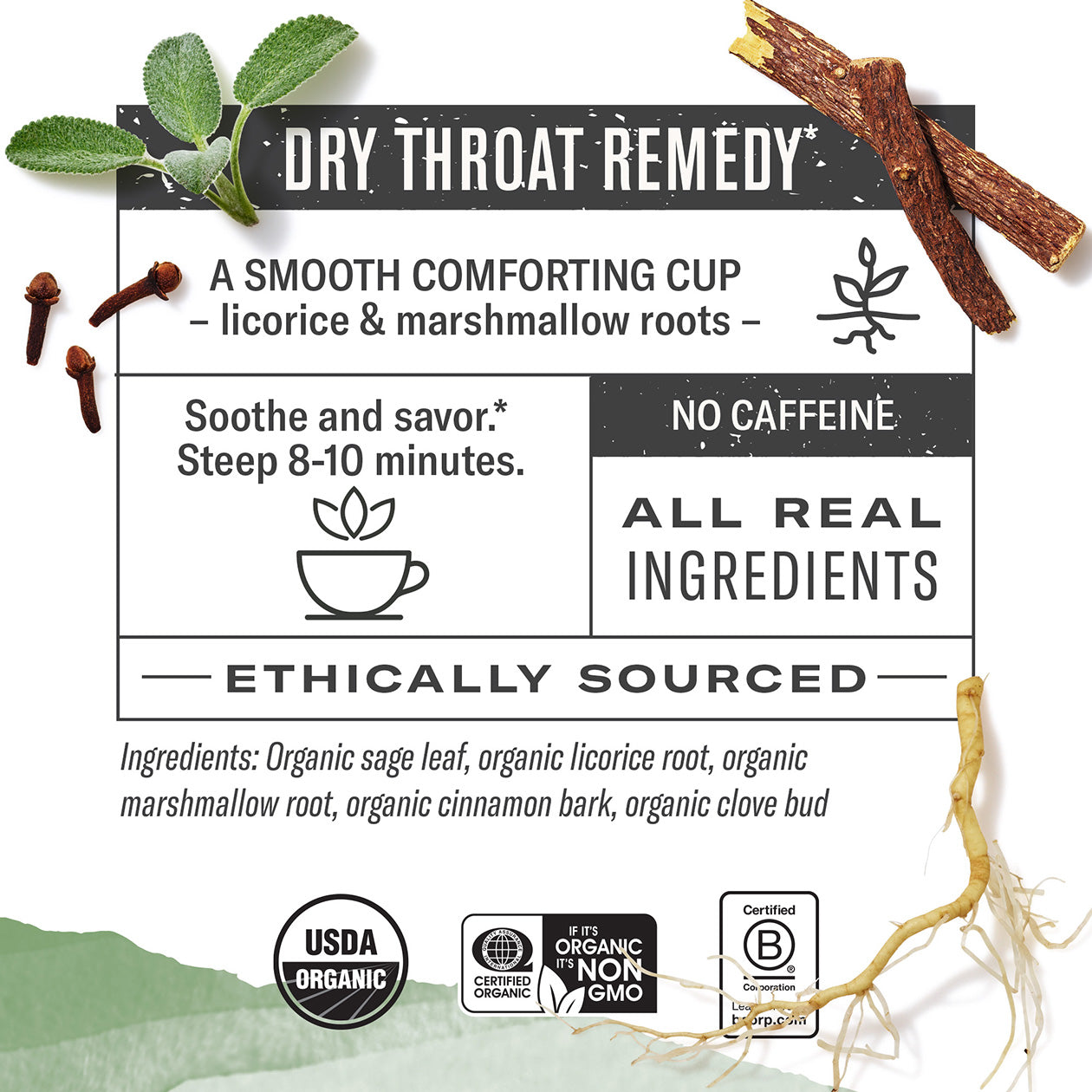 Dry throat remedy label with licorice, marshmallow roots, and organic certification logos on a white background.