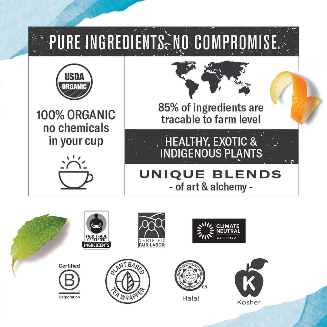 An infographic that depicts all of Numi's organic, Fair Trade, Fair Labor, Climate Neutral, B Corp, and other certifications