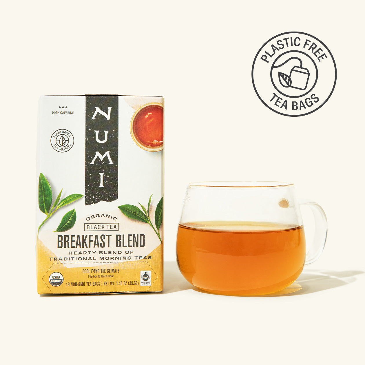Numi Breakfast Blend tea box with a glass of tea on a white background