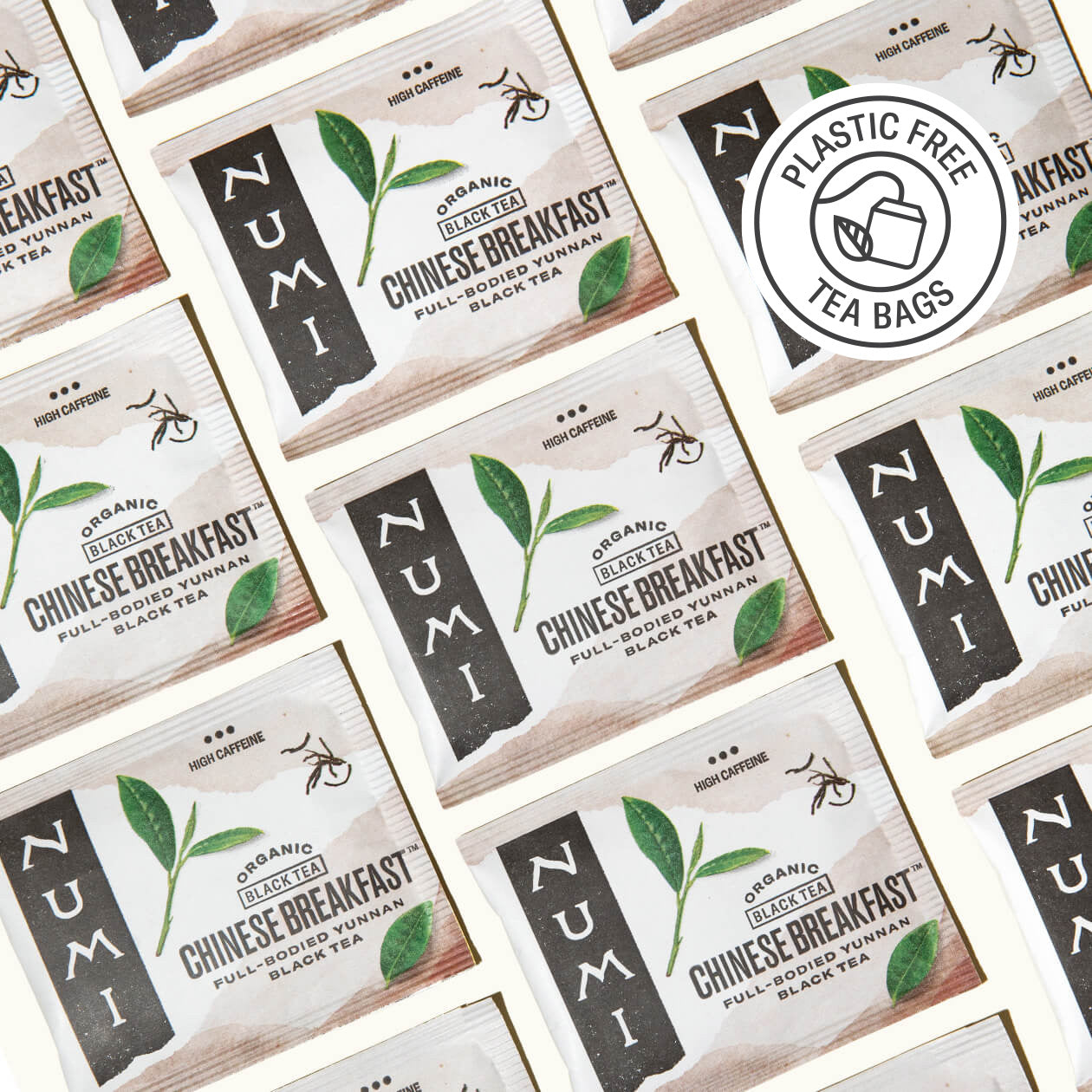 Collage of Numi Organic Tea Chinese Breakfast tea bags with a plastic-free logo.