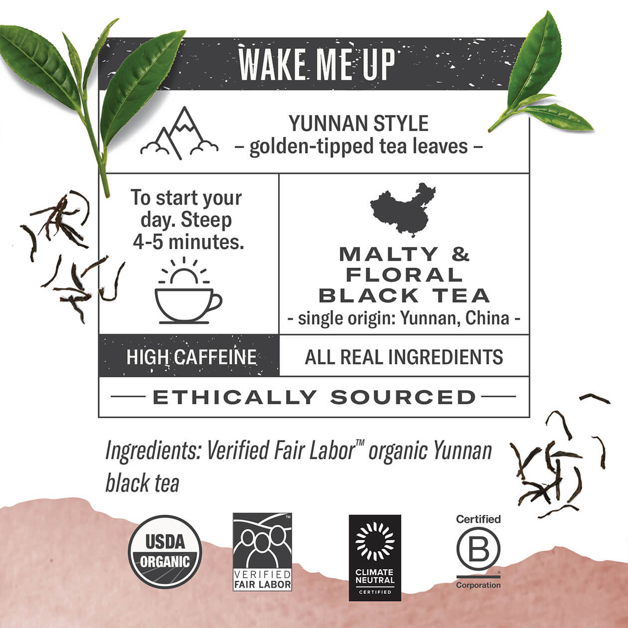 Infographic about Aged Earl Grey: steep 4-5 minutes, origin: Yunnan China, high caffeine, all real ingredients, ethically sourced