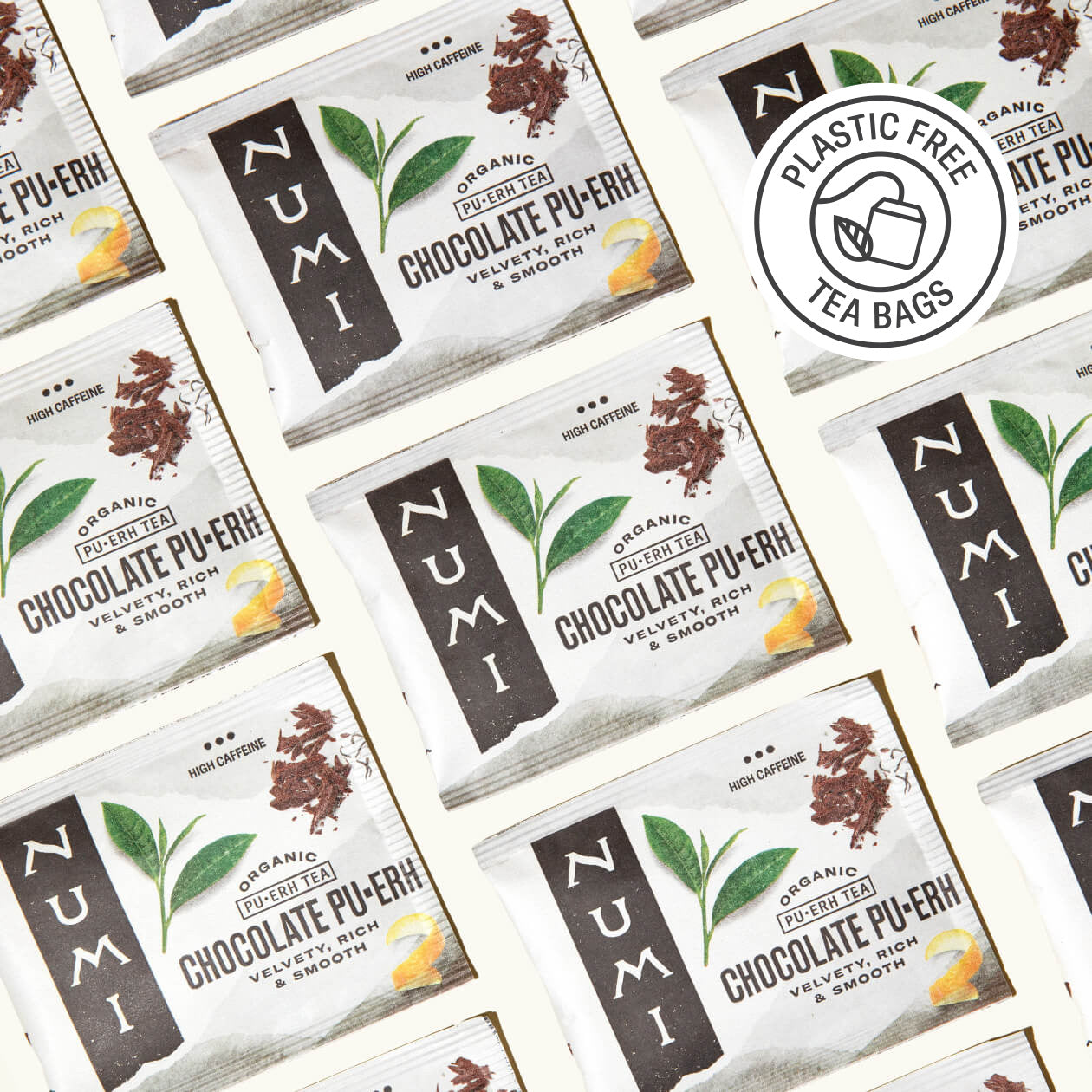 Numi Chocolate Puèré tea bags arranged in a pattern.