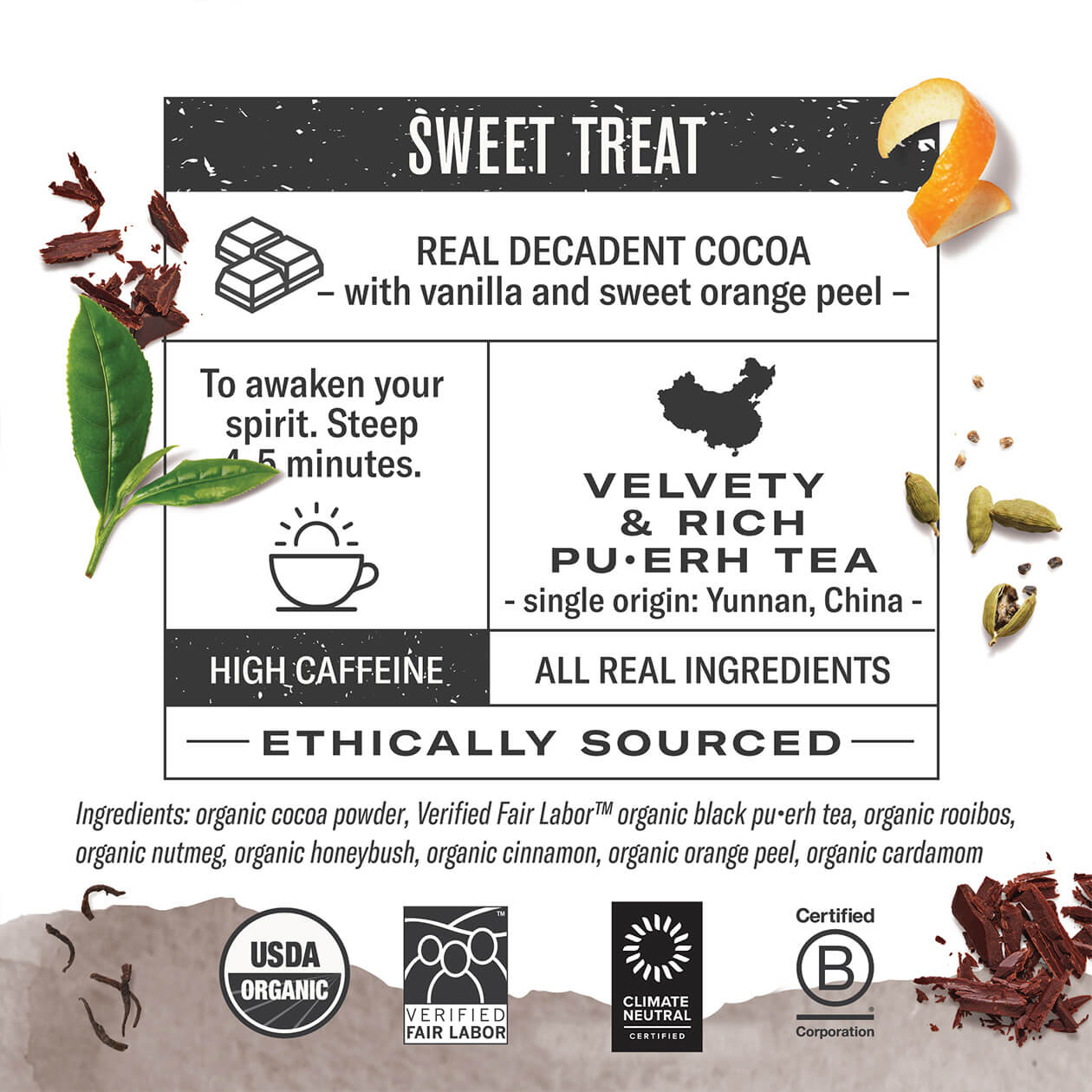 Infographic about Chocolate Puerh: steep 4-5 minutes, origin: Yunnan China, high caffeine, all real ingredients, ethically sourced