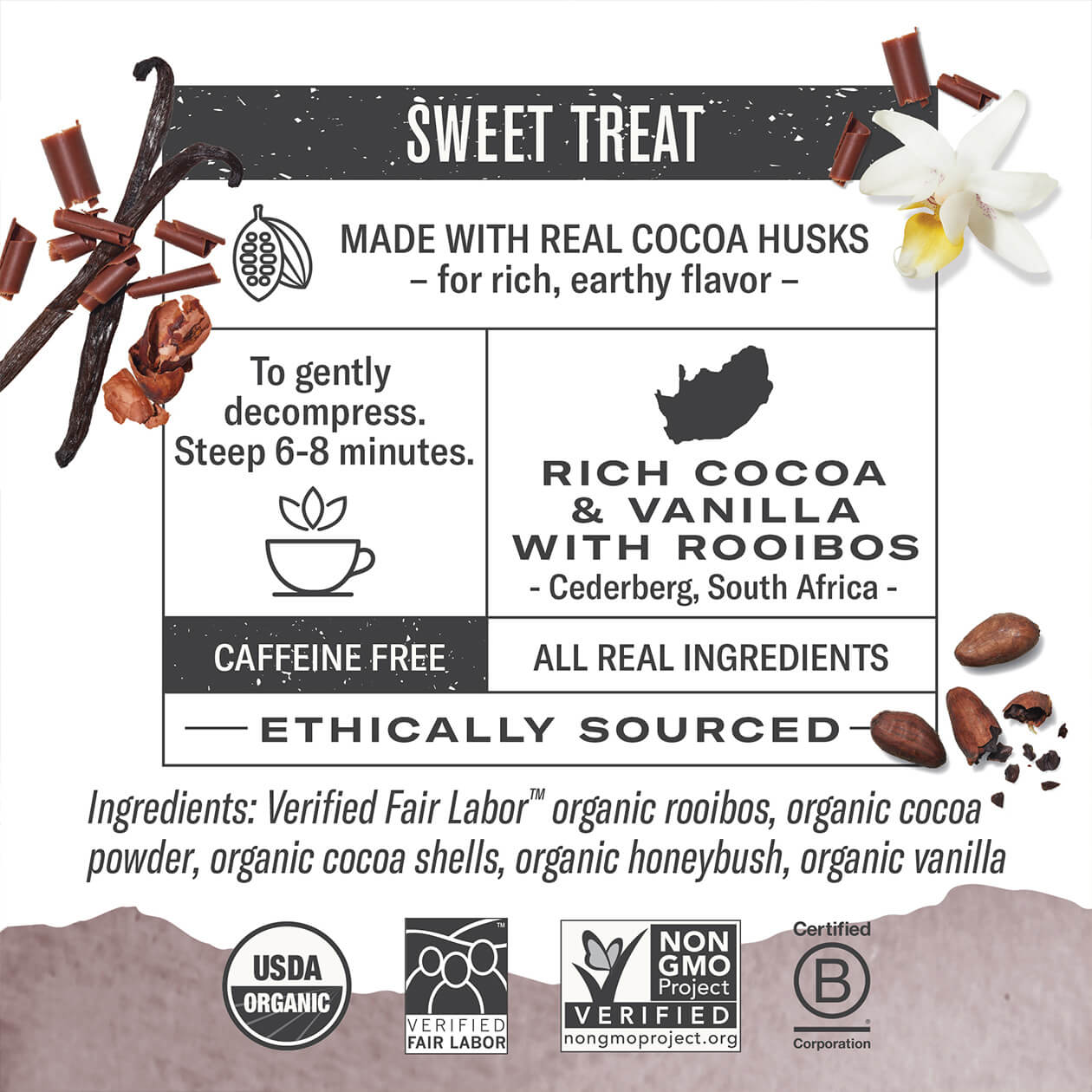 Infographic about Chocolate Rooibos: steep 6-8 minutes, origin: Cederberg South Africa, caffeine free, all real ingredients, ethically sourced