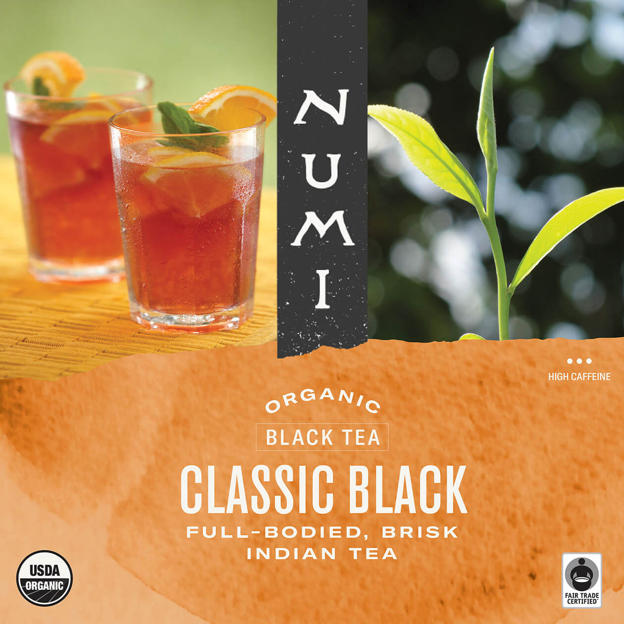 Classic Black Iced Tea label, organic and high caffeine, with images of iced tea and pure tea leaves