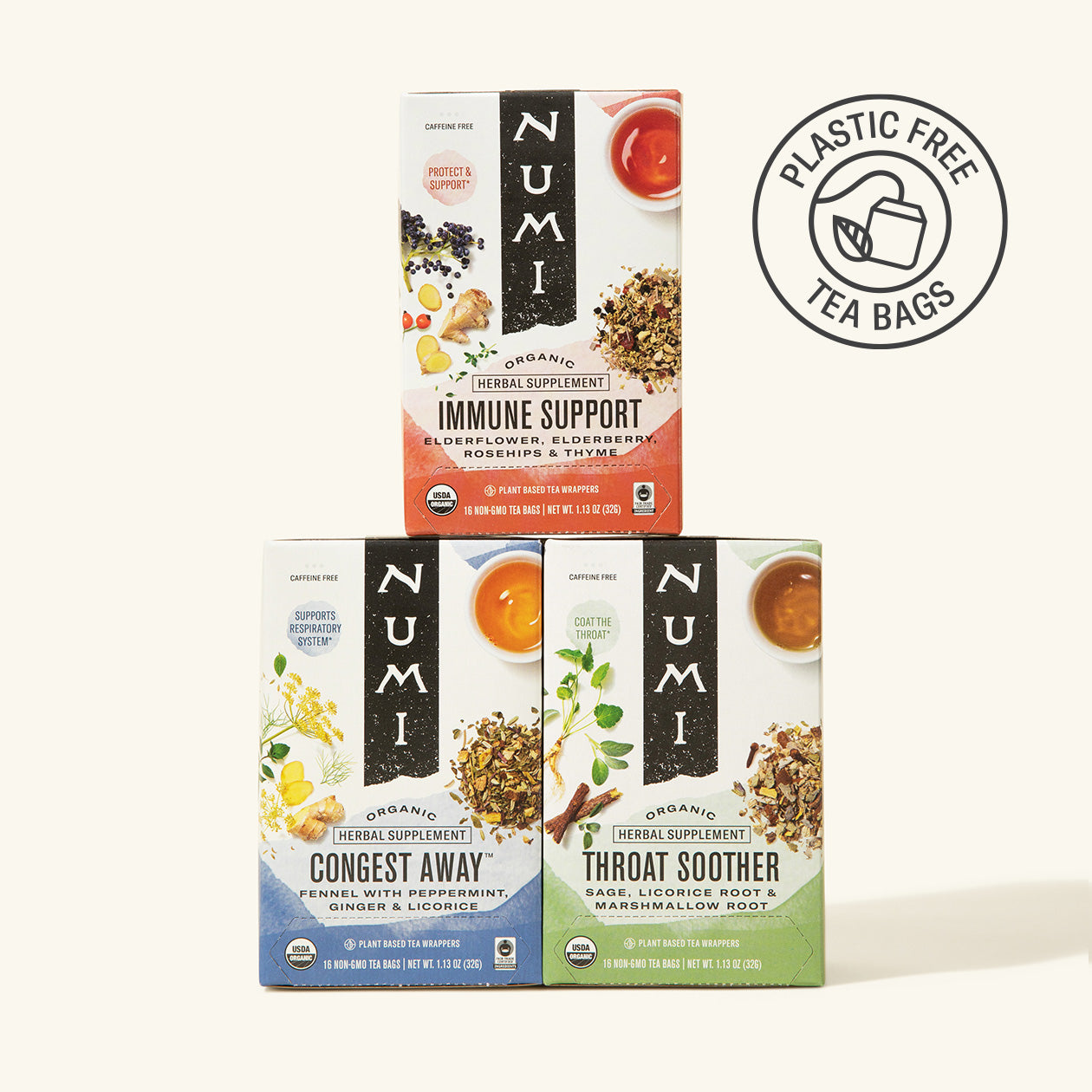Three Numi tea boxes for immune support, congest away, and throat soother on a white background with a plastic-free logo.