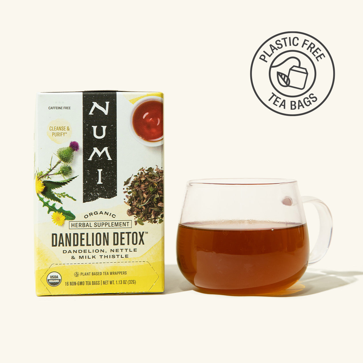 Numi Dandelion Detox tea box with a glass of tea on a white background