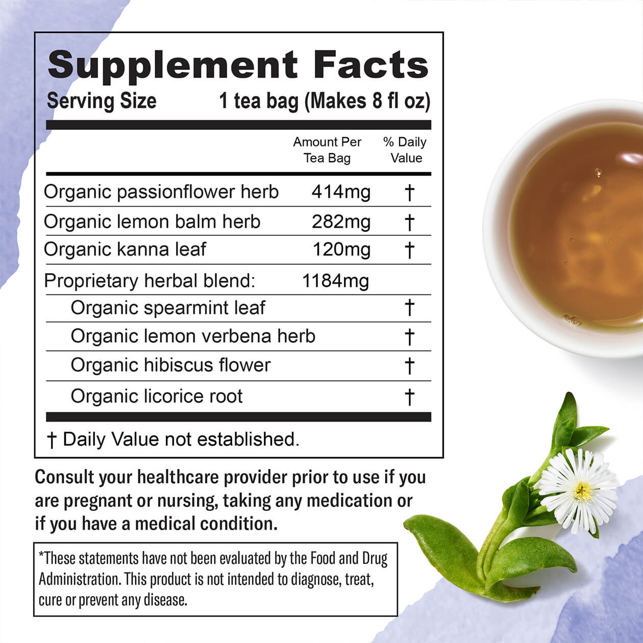 The supplement facts for Numi's De-Stress dietary supplement tea