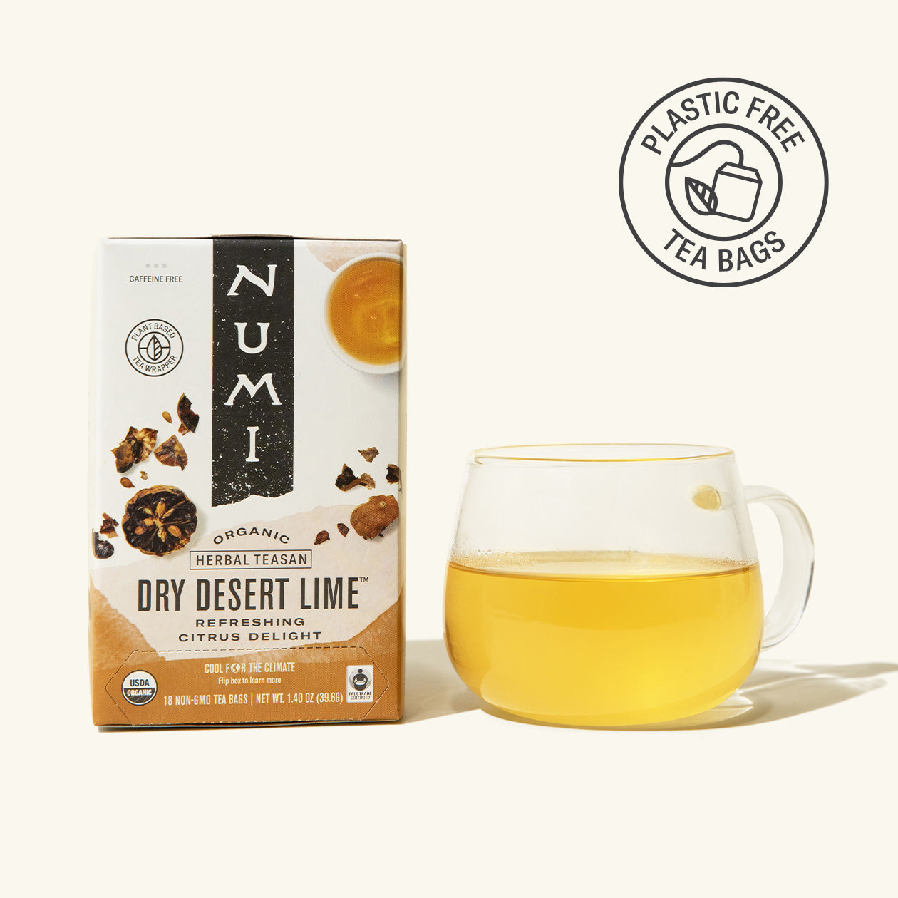 Numi Dry Desert Lime tea box with a glass of tea on a white background