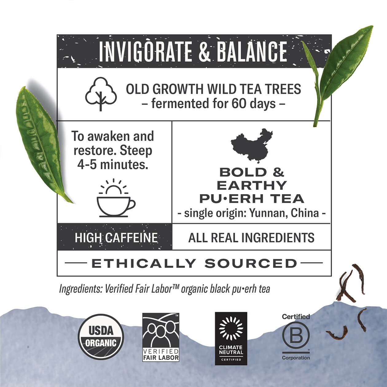 Infographic about Emperor's Puerh: steep 4-5 minutes, origin: Yunnan China, high caffeine, all real ingredients, ethically sourced