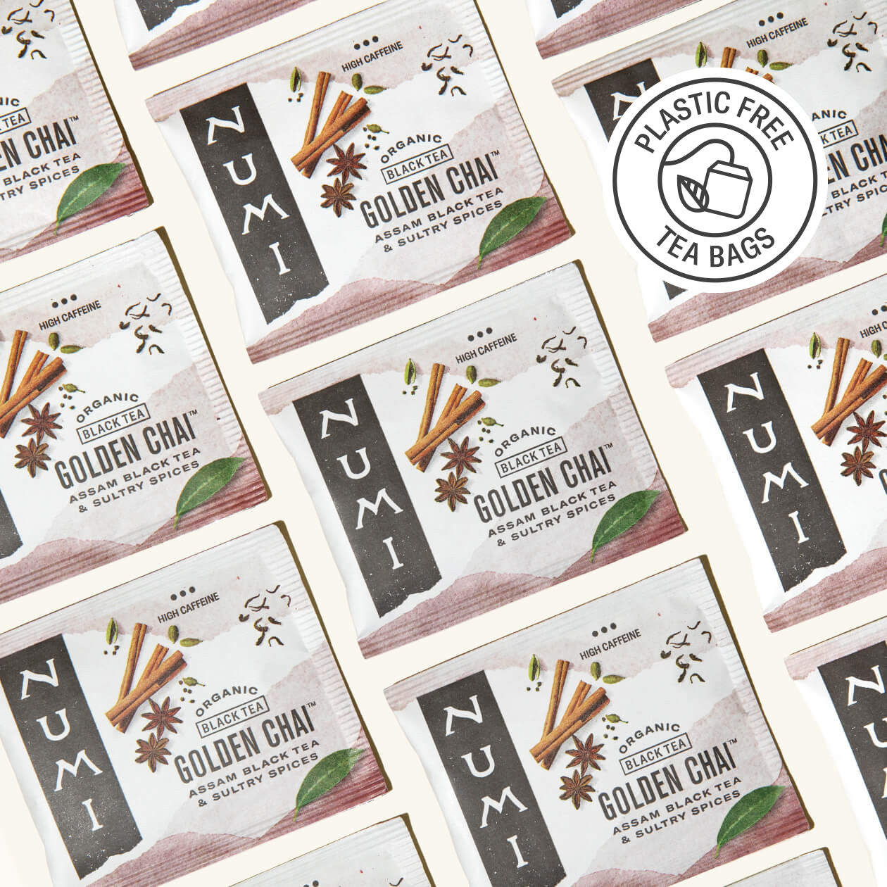 Numerous Numi Golden Chai tea bags with a plastic-free logo on a white background