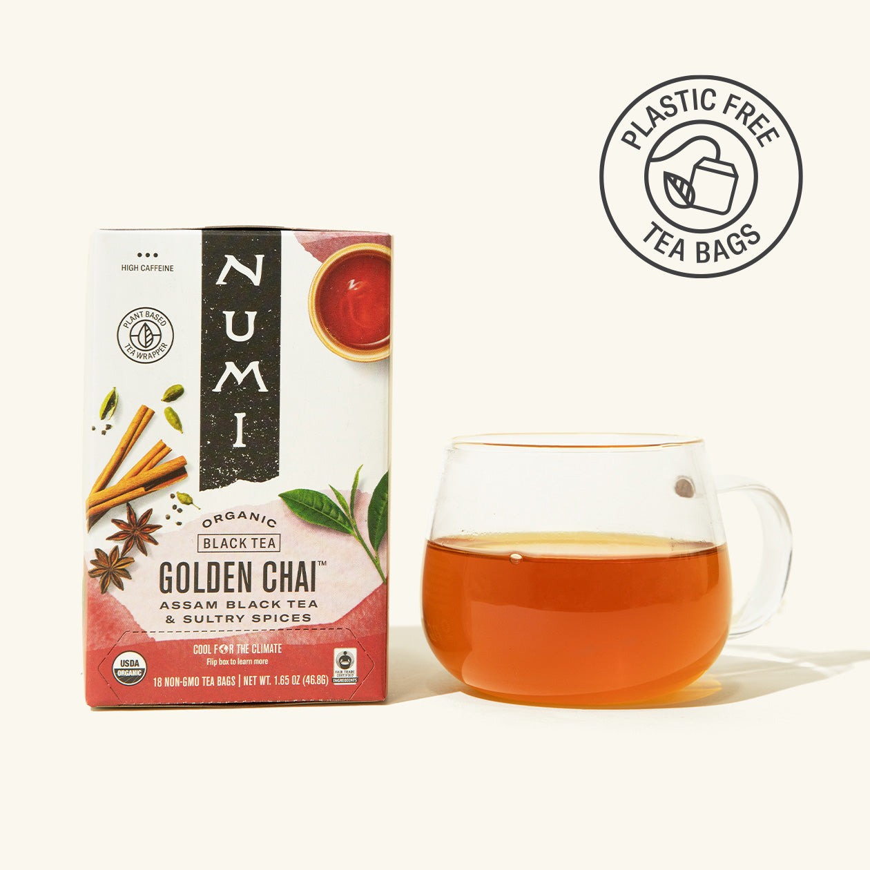 Numi Golden Chai tea box with a cup of tea on a white background