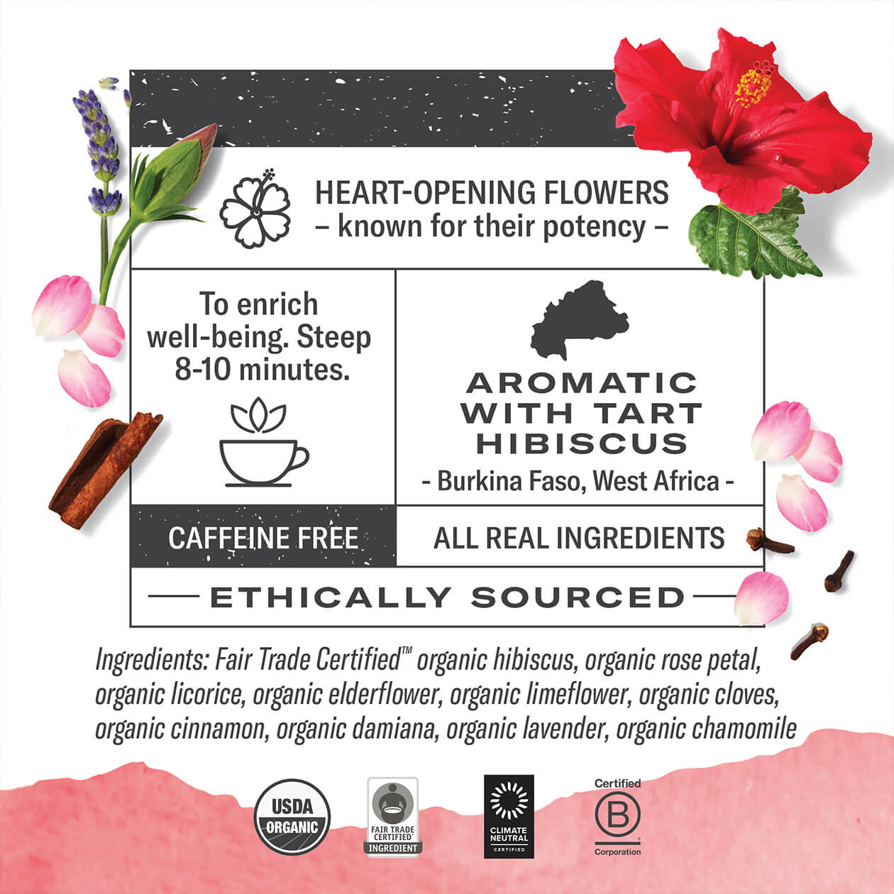 Infographic about Hibiscus: steep 8-10 minutes, origin: Burkina Faso West Africa, caffeine free, all real ingredients, ethically sourced