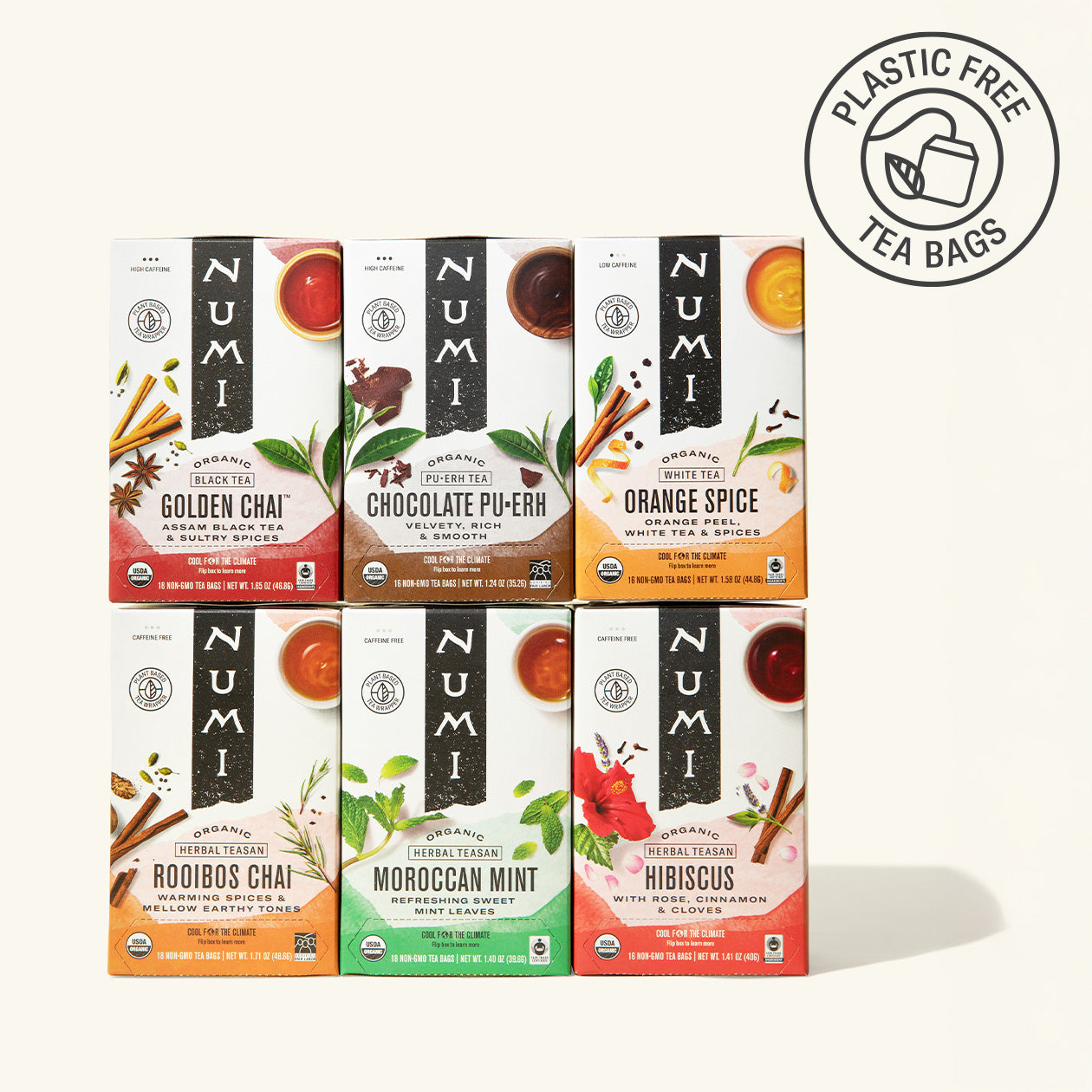 Collection of Numi tea boxes with a plastic-free logo on a white background