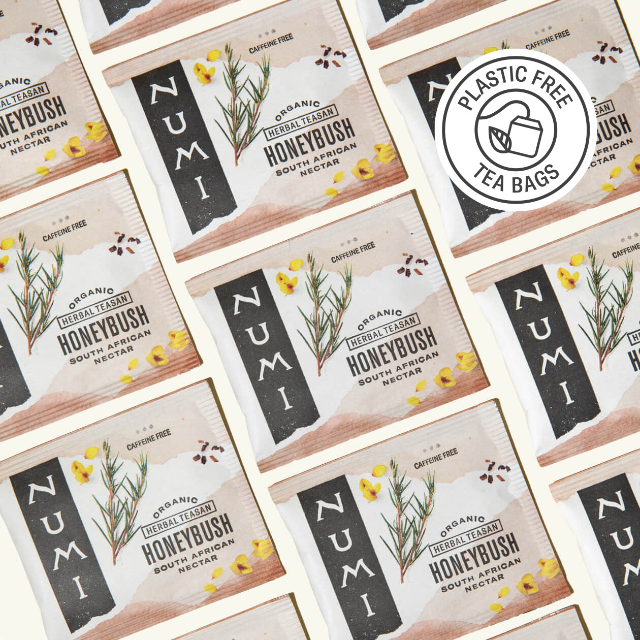 Collage of Numi Honeybush tea bags with a plastic-free logo.