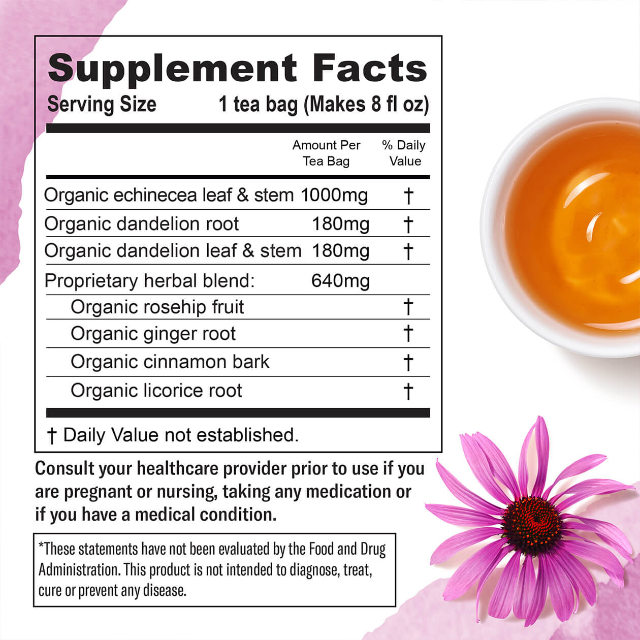 The supplement facts for Numi's Immune Boost dietary supplement tea