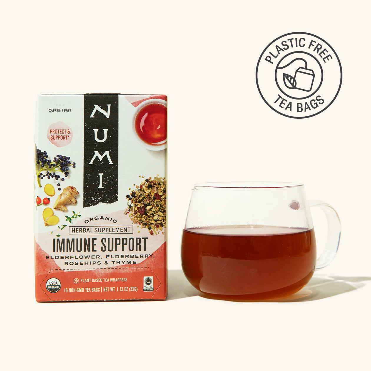 Numi Organic Immune Support tea box with a cup of tea on a white background