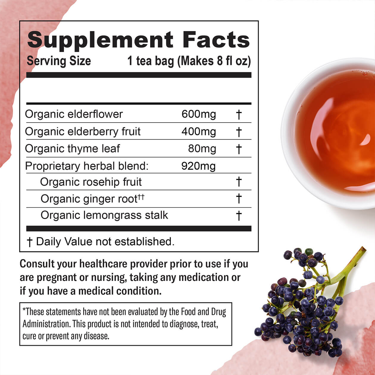 The supplement facts for Numi's Immune Support dietary supplement tea