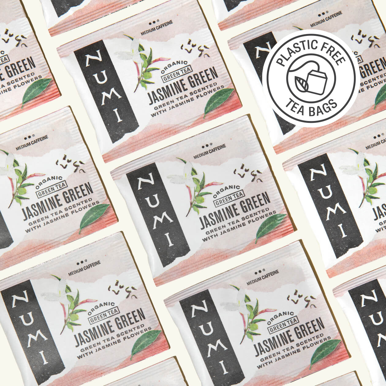 Numi Jasmine Green tea packages arranged in a pattern