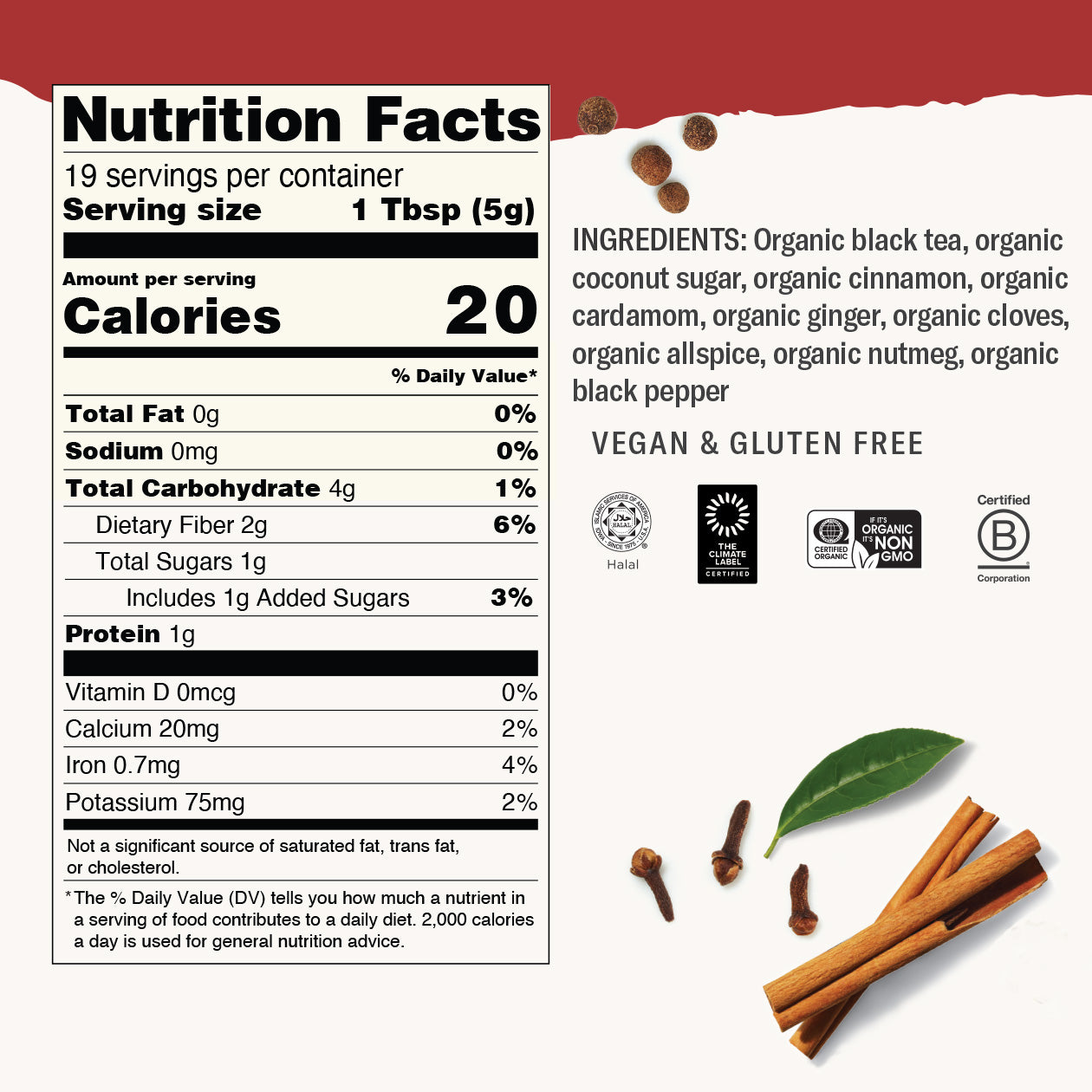Nutrition facts label and ingredients list for a product with cinnamon sticks and tea leaves on a white background.