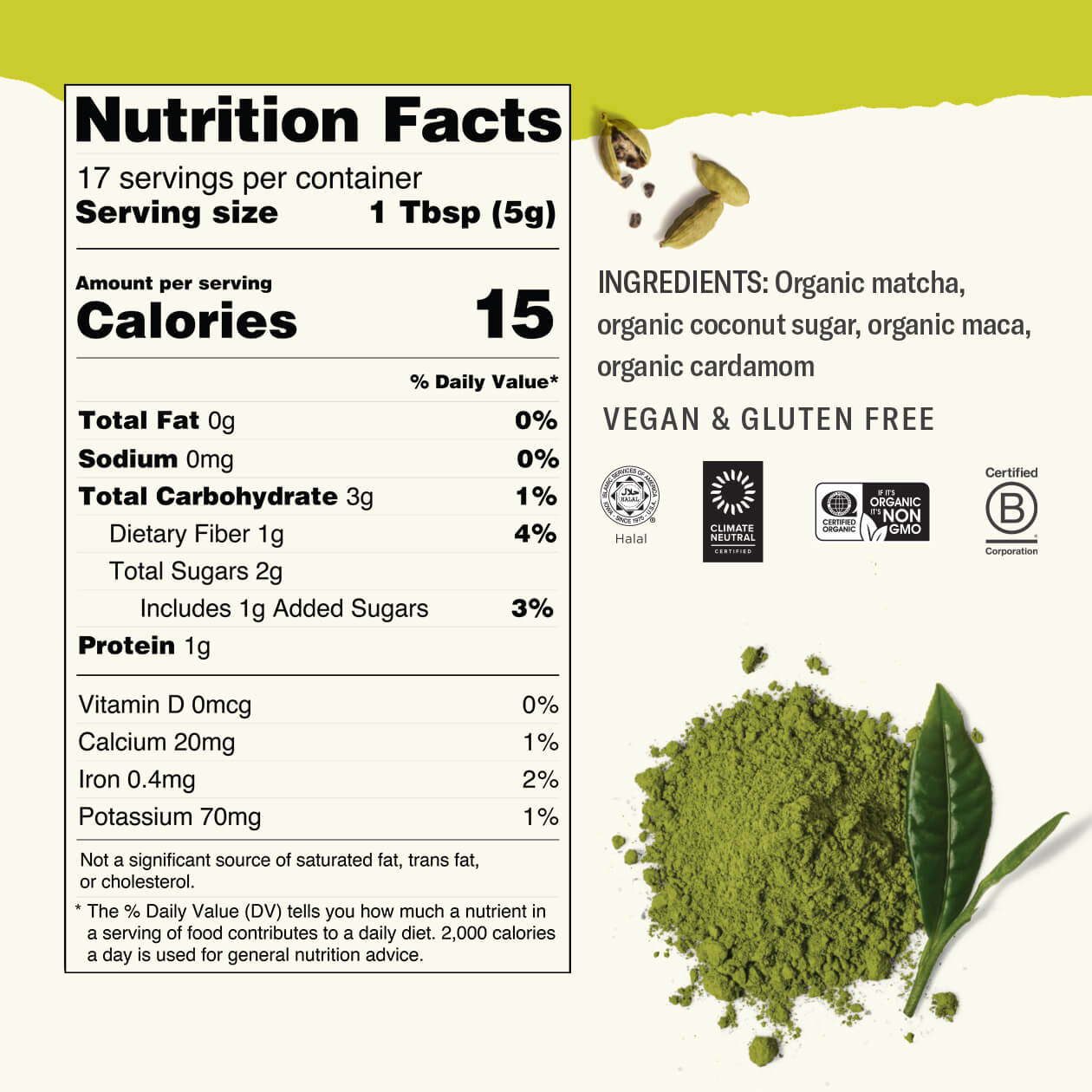 Nutrition facts label and ingredients list for a matcha product with green powder and leaf on a white background.
