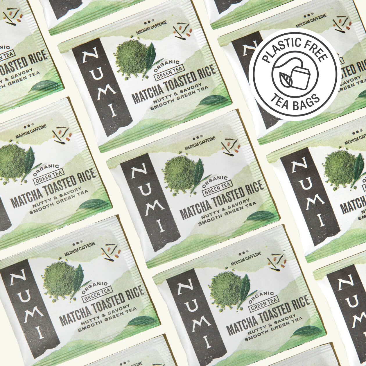 Collage of Numi Matcha Toasted Rice tea bags with a plastic-free logo.